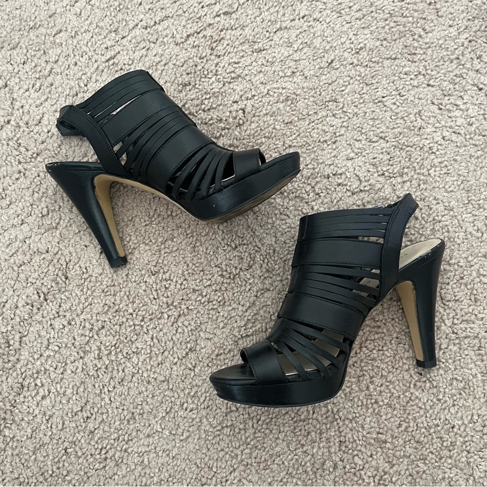 Franco Sarto Black Leather Strappy Bootie Sandal High Heel Size 7